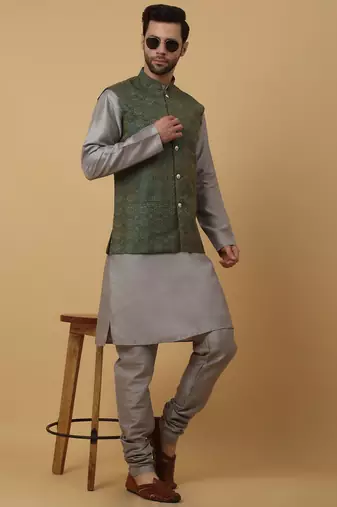 Men's grey kurta and churidar with jacquard ethnic motifs printed nehru jacket
