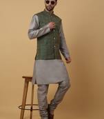 Men's grey kurta and churidar with jacquard ethnic motifs printed nehru jacket
