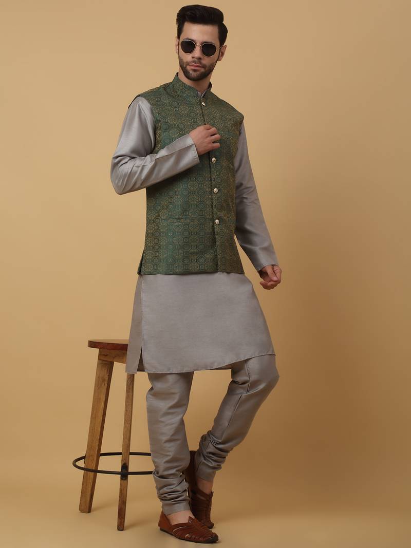 Men's grey kurta and churidar with jacquard ethnic motifs printed nehru jacket