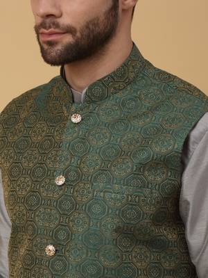 Men's grey kurta and churidar with jacquard ethnic motifs printed nehru jacket 2