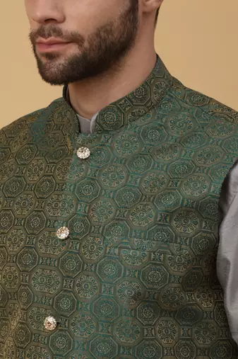Men's grey kurta and churidar with jacquard ethnic motifs printed nehru jacket