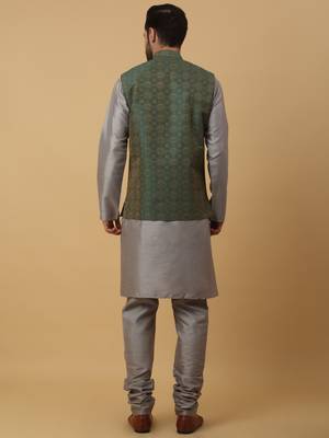Men's grey kurta and churidar with jacquard ethnic motifs printed nehru jacket 3