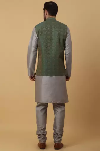 Men's grey kurta and churidar with jacquard ethnic motifs printed nehru jacket