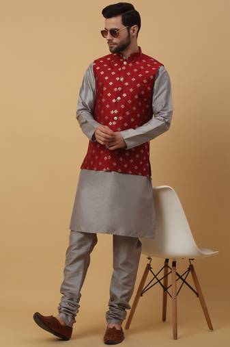 Men's grey kurta and churidar with jacquard ethnic nehru jacket