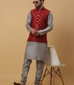 Men's grey kurta and churidar with jacquard ethnic nehru jacket