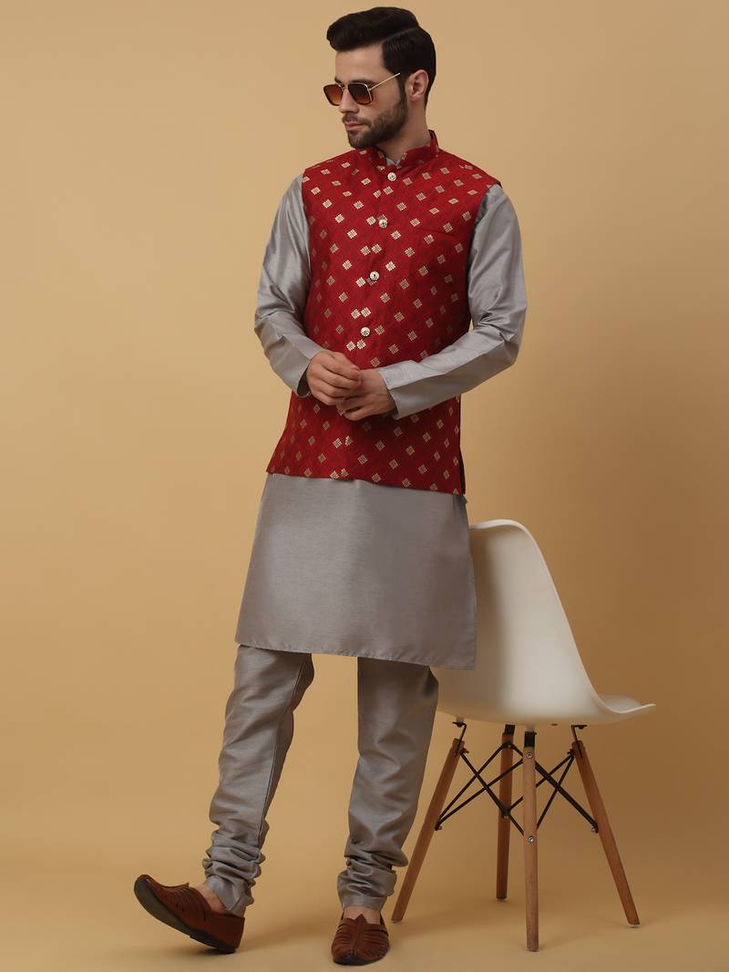 Men's grey kurta and churidar with jacquard ethnic nehru jacket