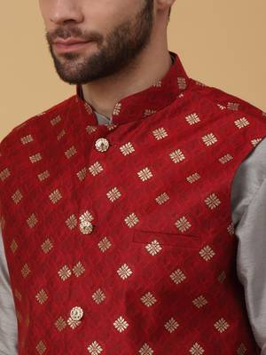 Men's grey kurta and churidar with jacquard ethnic nehru jacket 2