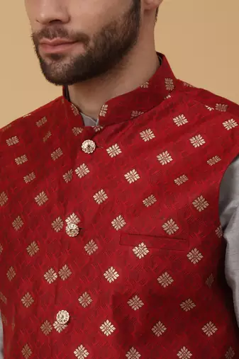 Men's grey kurta and churidar with jacquard ethnic nehru jacket