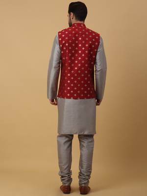 Men's grey kurta and churidar with jacquard ethnic nehru jacket 3