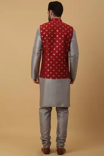 Men's grey kurta and churidar with jacquard ethnic nehru jacket