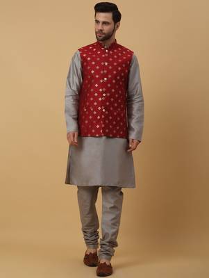 Men's grey kurta and churidar with jacquard ethnic nehru jacket 4