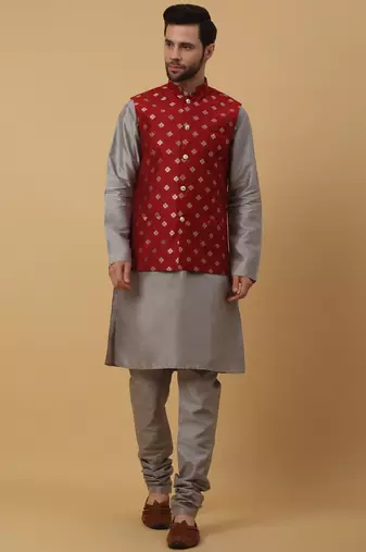 Men's grey kurta and churidar with jacquard ethnic nehru jacket