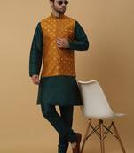 Men's green kurta and churidar with jacquard ethnic nehru jacket