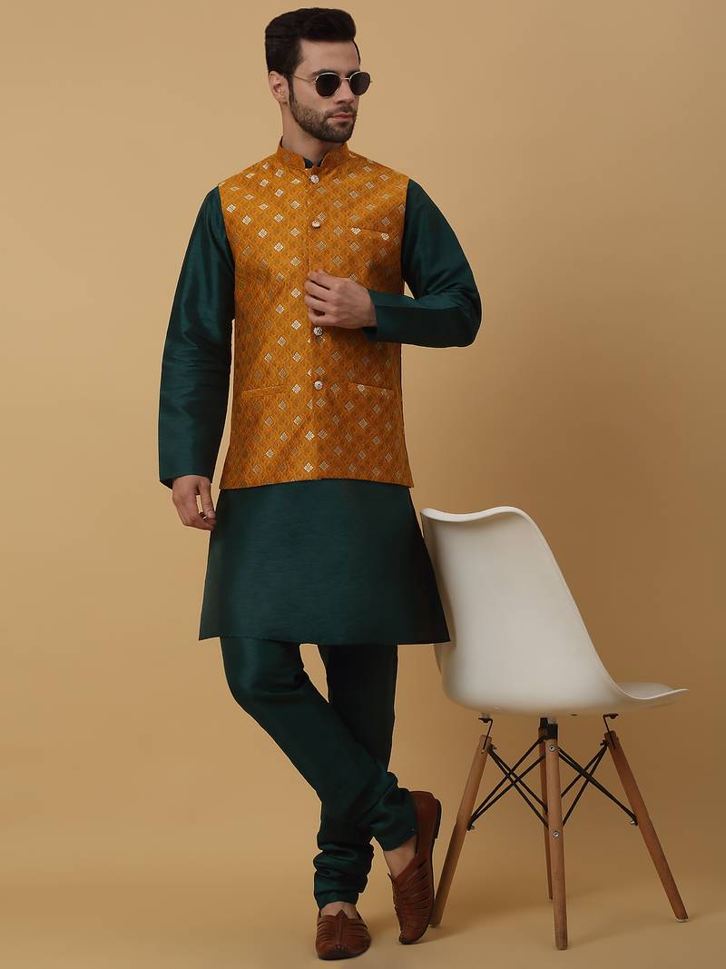 Men's green kurta and churidar with jacquard ethnic nehru jacket