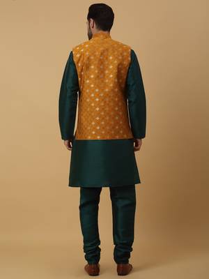 Men's green kurta and churidar with jacquard ethnic nehru jacket 3