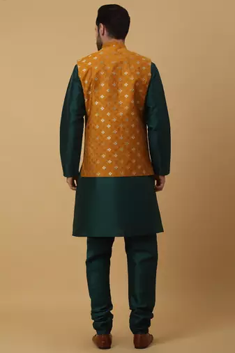 Men's green kurta and churidar with jacquard ethnic nehru jacket