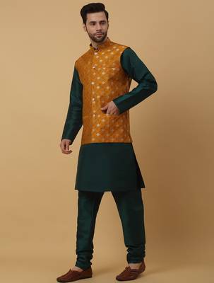 Men's green kurta and churidar with jacquard ethnic nehru jacket 4