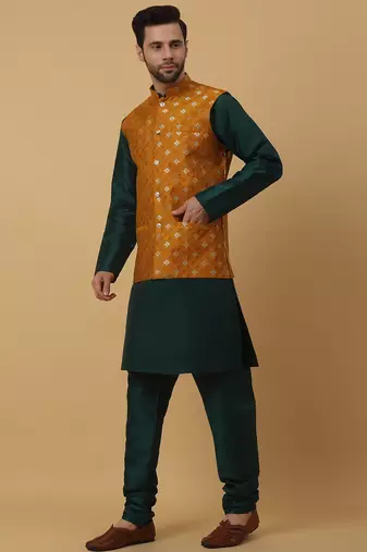 Men's green kurta and churidar with jacquard ethnic nehru jacket