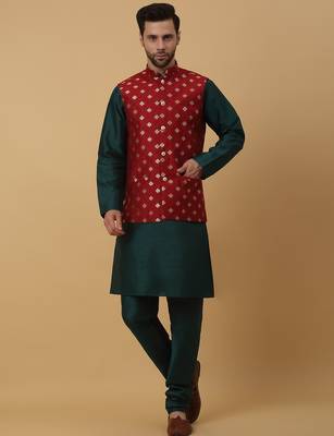 Men's green kurta and churidar with jacquard ethnic nehru jacket 1