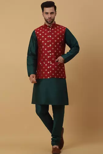 Men's green kurta and churidar with jacquard ethnic nehru jacket