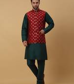 Men's green kurta and churidar with jacquard ethnic nehru jacket