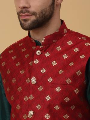 Men's green kurta and churidar with jacquard ethnic nehru jacket 2