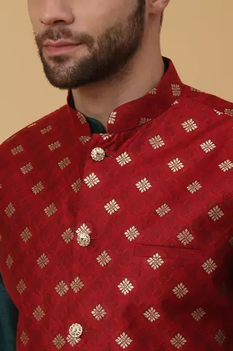 Men's green kurta and churidar with jacquard ethnic nehru jacket