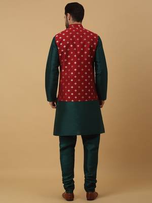 Men's green kurta and churidar with jacquard ethnic nehru jacket 3