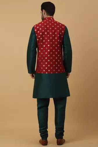 Men's green kurta and churidar with jacquard ethnic nehru jacket