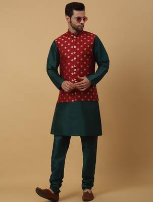 Men's green kurta and churidar with jacquard ethnic nehru jacket 4