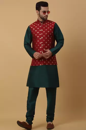 Men's green kurta and churidar with jacquard ethnic nehru jacket