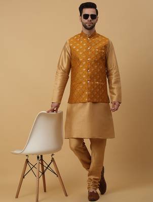 Men's gold kurta and churidar with jacquard ethnic nehru jacket 1