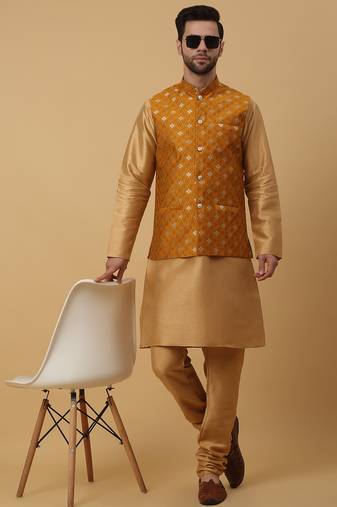 Men's gold kurta and churidar with jacquard ethnic nehru jacket