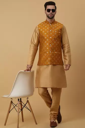 Men's gold kurta and churidar with jacquard ethnic nehru jacket