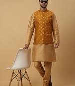 Men's gold kurta and churidar with jacquard ethnic nehru jacket