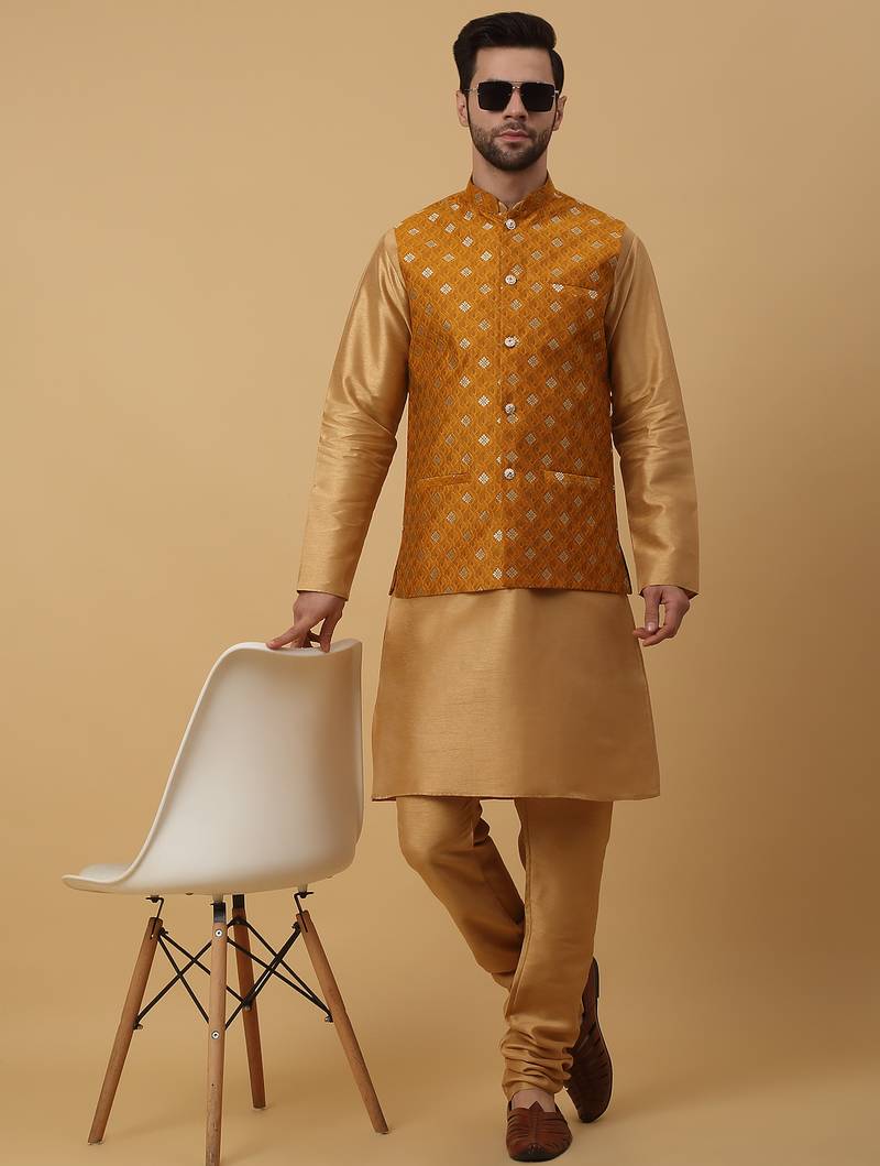 Men's gold kurta and churidar with jacquard ethnic nehru jacket