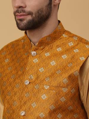 Men's gold kurta and churidar with jacquard ethnic nehru jacket 2