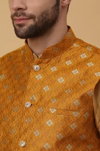 Men's gold kurta and churidar with jacquard ethnic nehru jacket