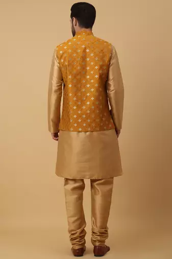 Men's gold kurta and churidar with jacquard ethnic nehru jacket