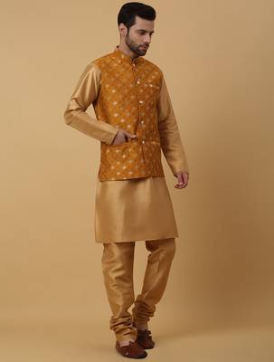 Men's gold kurta and churidar with jacquard ethnic nehru jacket 4
