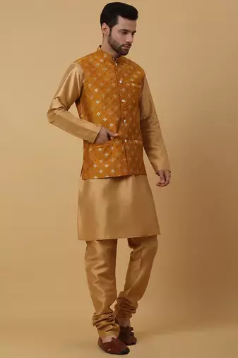 Men's gold kurta and churidar with jacquard ethnic nehru jacket