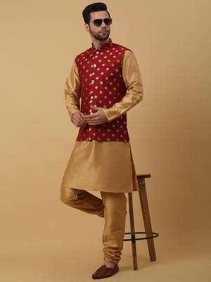 Men's gold kurta and churidar with jacquard ethnic nehru jacket 1