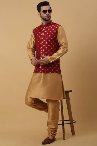 Men's gold kurta and churidar with jacquard ethnic nehru jacket