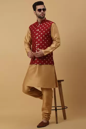 Men's gold kurta and churidar with jacquard ethnic nehru jacket