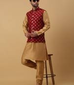 Men's gold kurta and churidar with jacquard ethnic nehru jacket