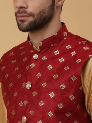 Men's gold kurta and churidar with jacquard ethnic nehru jacket 2