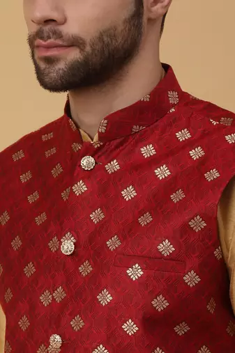 Men's gold kurta and churidar with jacquard ethnic nehru jacket