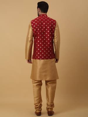 Men's gold kurta and churidar with jacquard ethnic nehru jacket 3