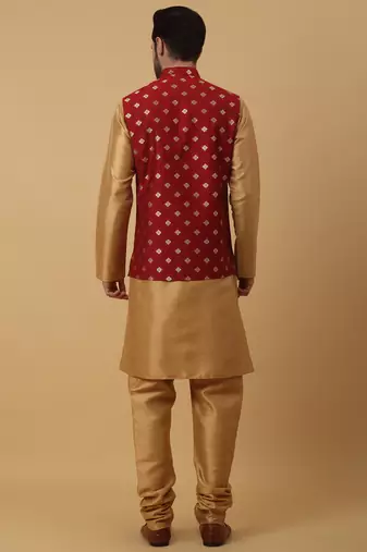 Men's gold kurta and churidar with jacquard ethnic nehru jacket