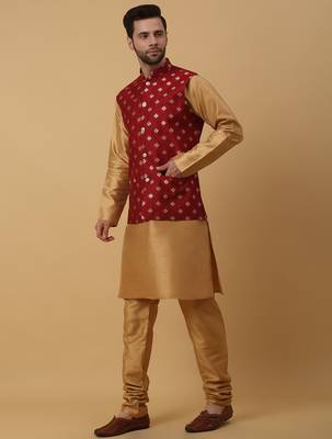 Men's gold kurta and churidar with jacquard ethnic nehru jacket 4